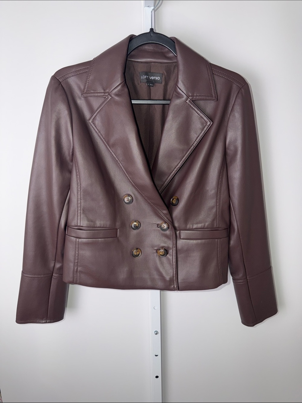 LOFT Double-Breasted Faux Leather Blazer in Deep Brown